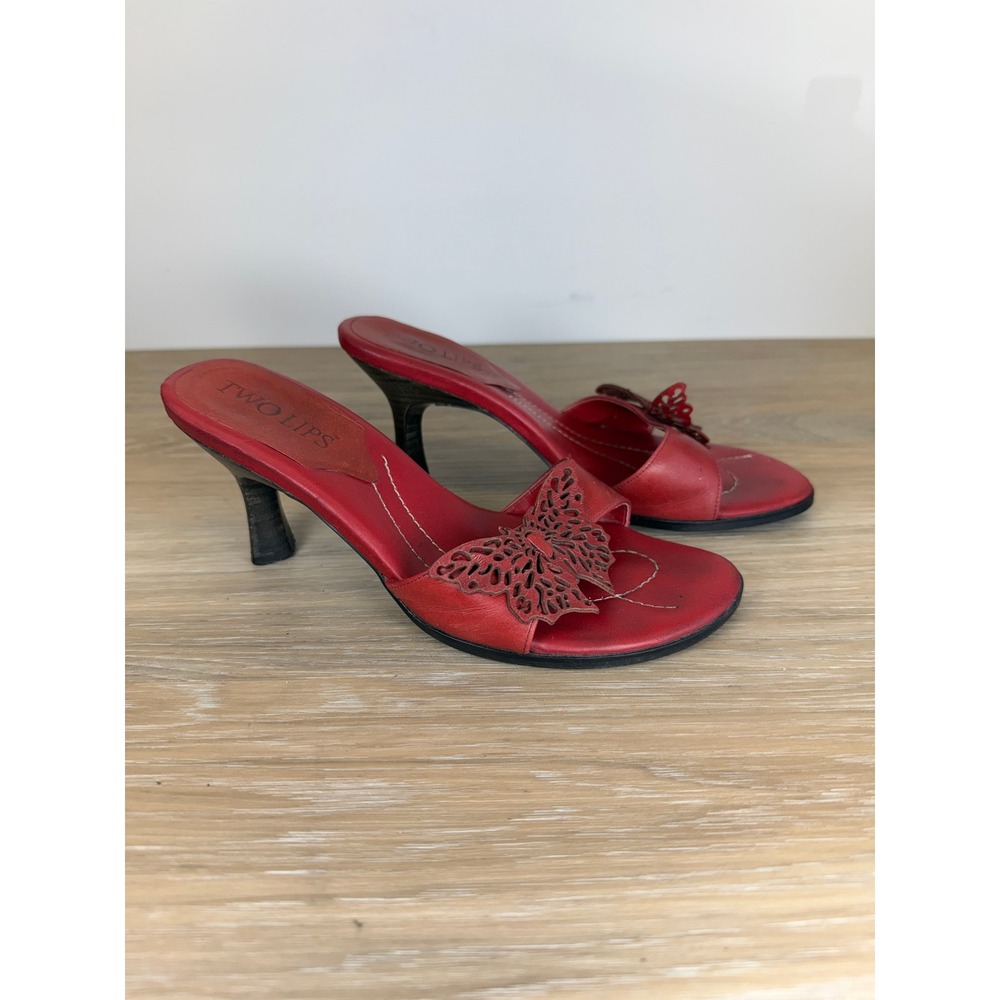 Two Lips Vintage 6 Red Leather Butterfly Cutout Wood kitten Heel Sandal Mules